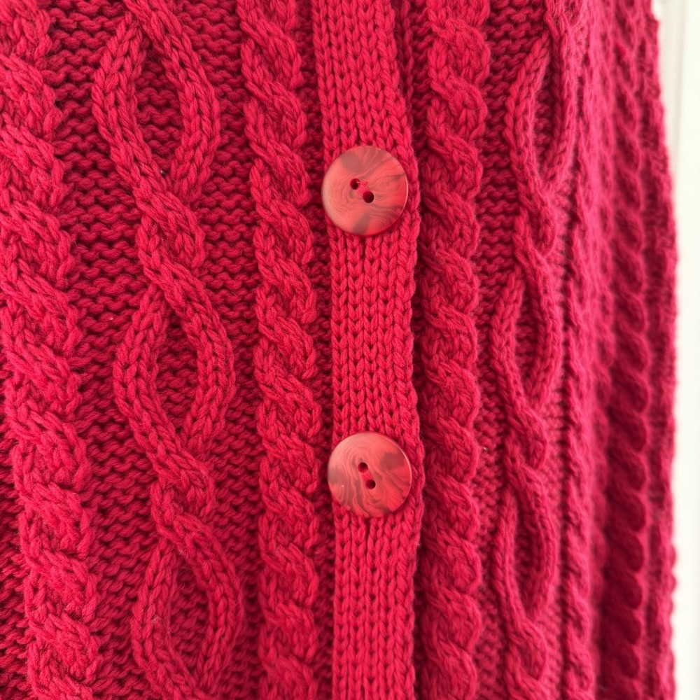 Aran Crafts Long Cardigan Sweater Womens L Red Wool Cable Knit Ireland Fisherman - Picture 6 of 16
